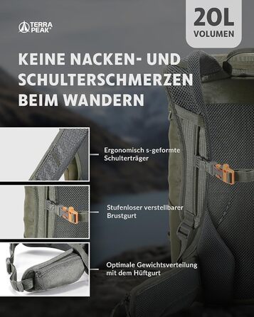 Рюкзак Terra Peak Airant з вентильованою спинкою, 20л, оливковий, туристичний, з поясом, тримачем для питної системи та дощовиком