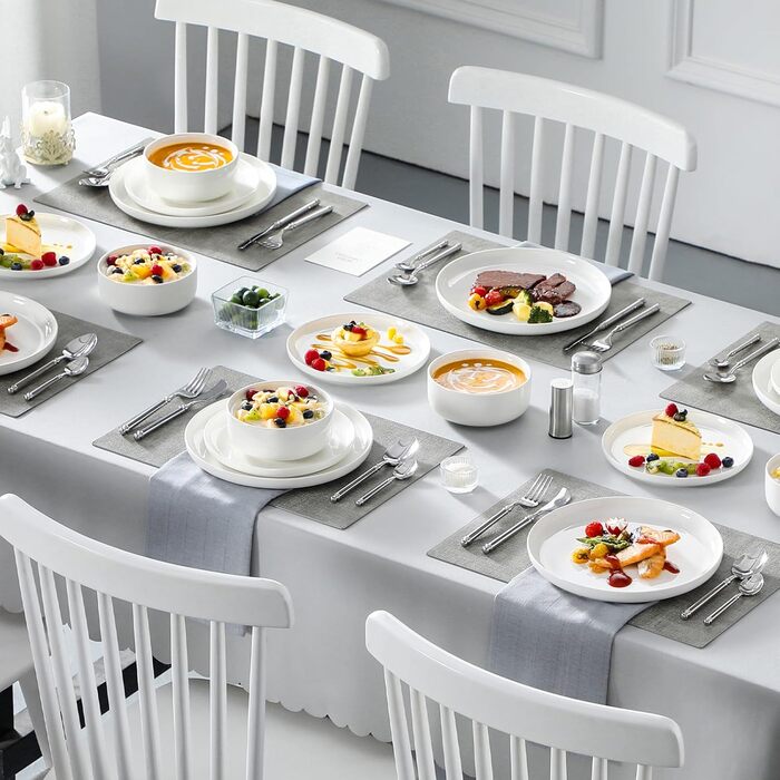 MALACASA LUNA Teller Groß - Тарілка для їжі на 6 осіб, Ø 26 см, біле порцелянове набір посуду, 36 предметів, підходить для миття в посудомийній машині та мікрохвильовій печі