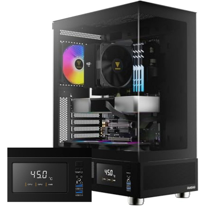 Корпус для ПК GAMDIAS Atlas E1 ATX Mid Tower з реальним монітором, 3 встановленими 120 мм ARGB вентиляторами, загартованим склом, високою вентиляцією, бічними отворами, чорний