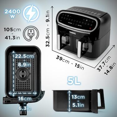 Аерофритюрниця Duronic AF34 BK 10 л для приготування картоплі фрі та страв без олії, чорна, електрична, фритюрниця з гарячим повітрям