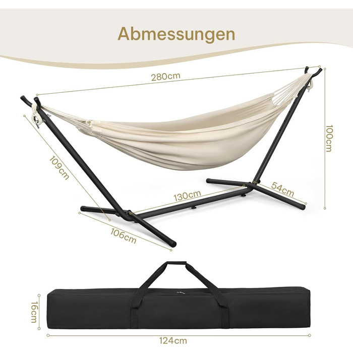 Гамак з підставкою Laneetal для 2 осіб, посилений (до 250 кг), для дому та вулиці, бежевий (280x106x100 см)