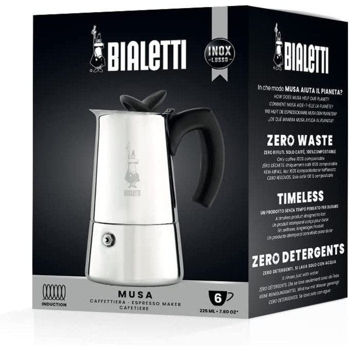 Кавоварка Bialetti Musa Induction з нержавіючої сталі для всіх типів плит, 6 чашок (270 мл), срібляста