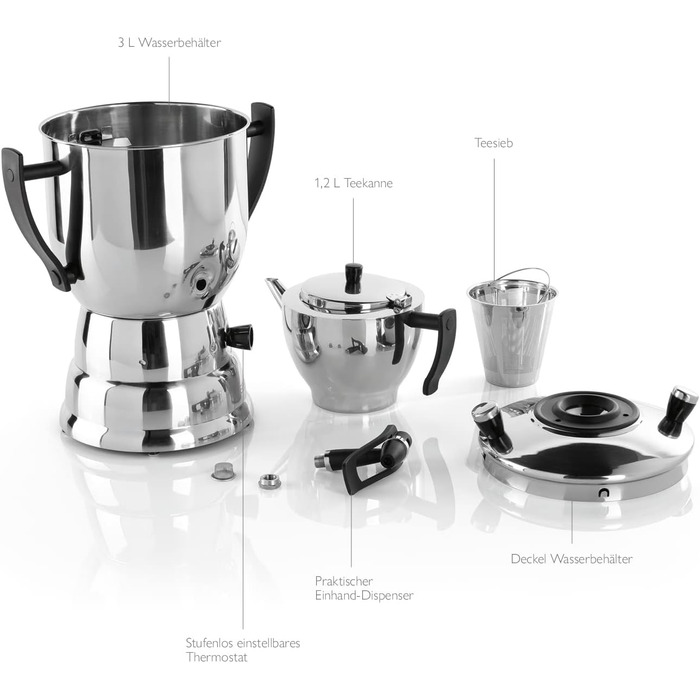 Електричний самовар BEEM TEA-PERFECT 3 л з чайником 1,2 л з ситечком, нерж. сталь, термостат, диспенсер, для дому та HoReCa