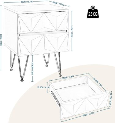 Комплект з 2 приліжкових тумб EUGAD з 2 шухлядами, 3D-ефект, біло-золотистий, 40x53x40 см, для спальні та вітальні, декоративний
