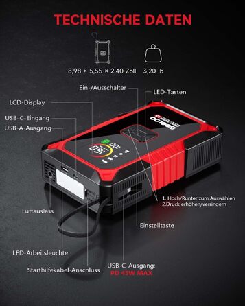 Пусковий пристрій GOOLOO A5 4000A з компресором 160 PSI та функцією Powerbank, червоний