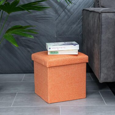Складаний пуф INTIRILIFE 30x30x30 см, мандариновий, з місцем для зберігання, тканина під льон, куб-сидіння, пуф-ящик, сидіння-лава