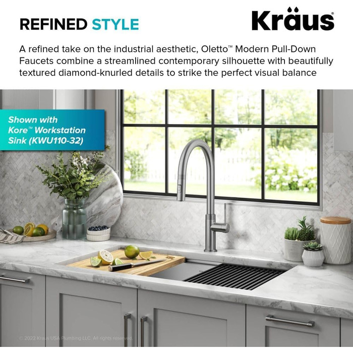 Змішувач кухонний Kraus KPF-3104SFS Oletto з витяжним душем, нержавіюча сталь, 44 см