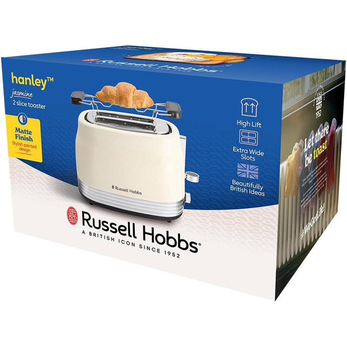 Тостер Russell Hobbs Hanley Crème-Weiß на 2 тости, 6 режимів, розморожування, підігрів, підставка для булочок