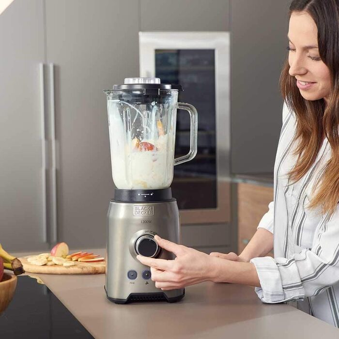 Стаціонарний блендер BLACK+DECKER BXJB1200E, 1200 Вт, 1,5 л, скляний глечик, 6 знімних лез із нержавіючої сталі, функції пульсації та колки льоду, придатний для миття в посудомийній машині