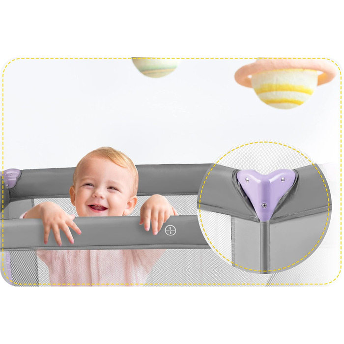 Дитяче ліжечко-манеж Ricokids, складане, 125x65x78 см, 15 кг, з матрацом і колесами, бічний вхід, світло-сірий та лавандовий