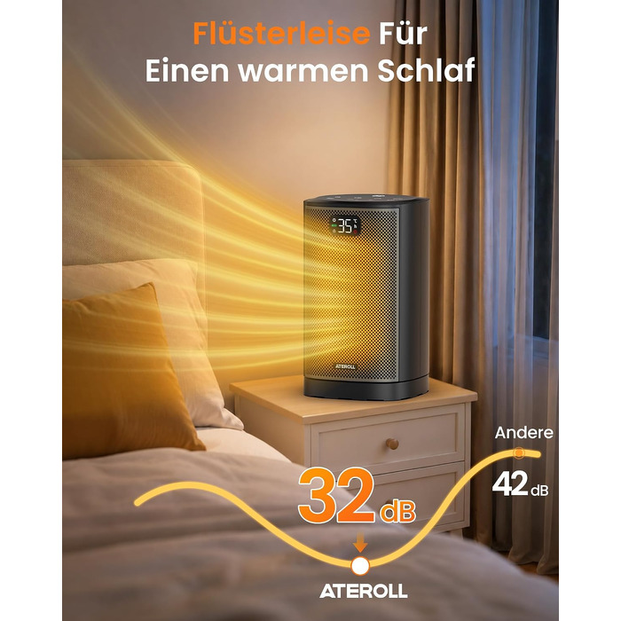 Кварцевий електричний обігрівач Ateroll 2000W, компактний енергоощадний тепловентилятор з 3 режимами роботи, чорний квадратний