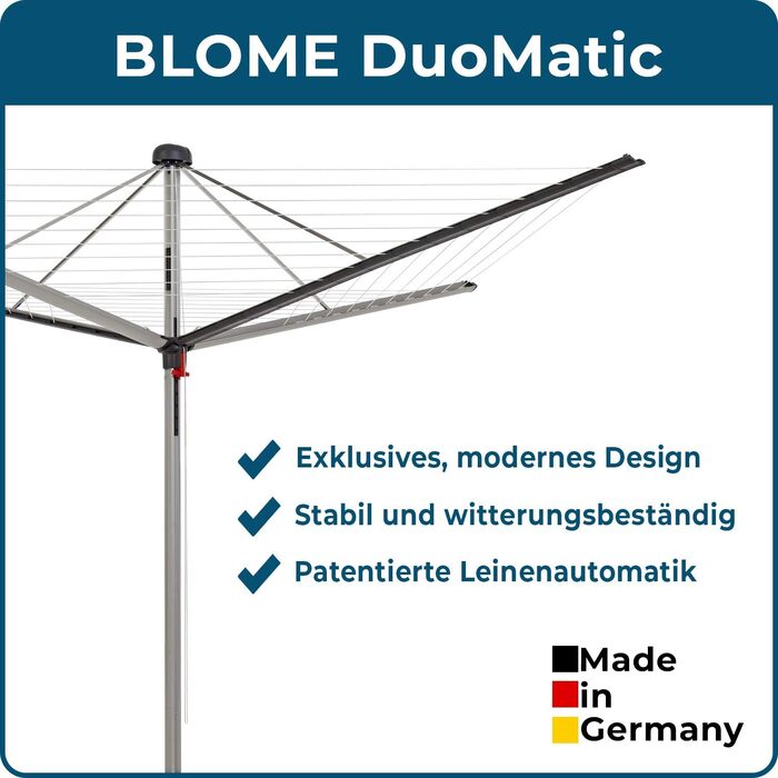 Садова сушарка для білизни Blome Superior DuoMatic 45 з автоматичним розгортанням мотузок, 45 м, чорно-сіра, Made in Germany