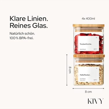 Набір скляних герметичних контейнерів KIVY з бамбуковими кришками та етикетками, квадратні, 4 шт по 400 мл
