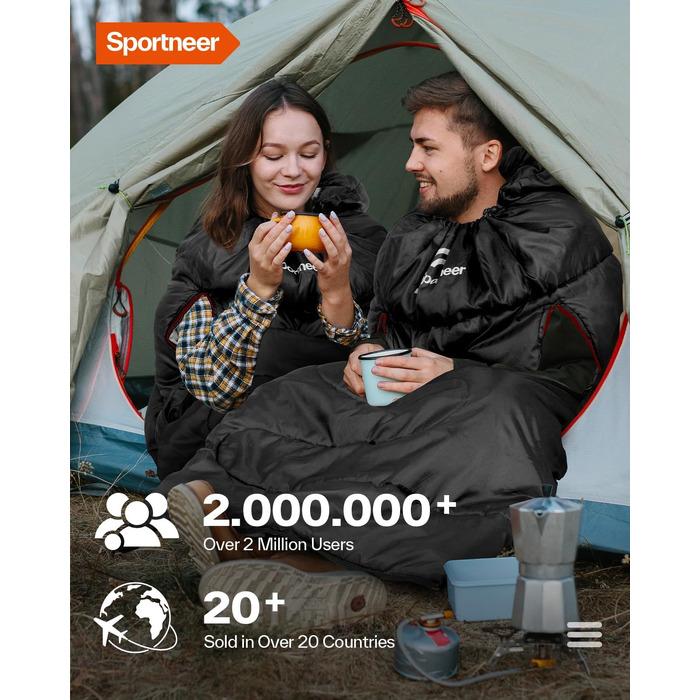 Спальний мішок Sportneer Outdoor у формі ковдри (220×85 см), чорний, температурний режим +10...+26 °C, з отворами для рук
