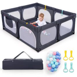 Дитячий манеж COSTWAY 189x158 см з 50 ігровими кульками, 4 кільцями та 4 дверима на блискавці, дихаюча сітка, без матраца, темно-сірий