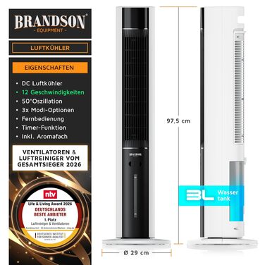 Вентилятор вежний Brandson з функцією охолодження водою ECO Design, тихий, DC мотор, з пультом, енергоефективний, з коливанням