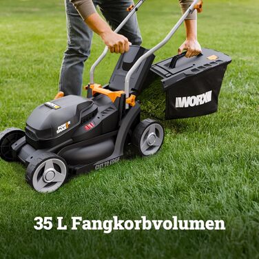 Акумуляторний газонокосарка WORX WG733E 20V, ширина косіння 33 см, об'єм травозлота 35 л, Brushless двигун, 6 положень висоти (25-75 мм), Intellicut, з акумулятором 4Ah та зарядним пристроєм