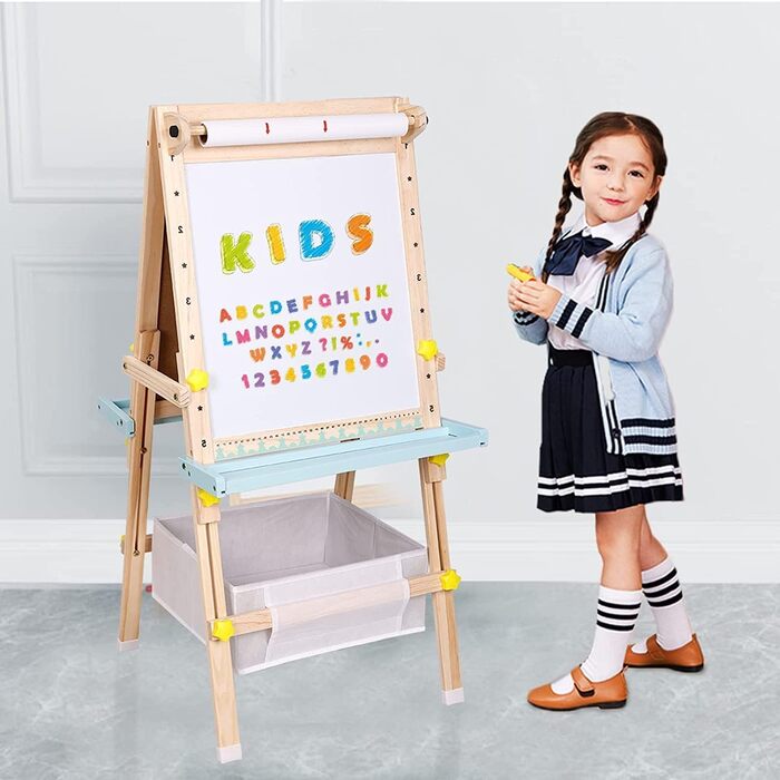 Дитяча мольберт Kinder Tafel з регулюванням висоти, двосторонній, з паперовою рулонною дошкою, літерами та цифрами, аксесуарами для дітей 2-8 років
