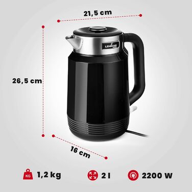 Електричний чайник LEHMANN з нержавіючої сталі 2L, 2200W, швидкий нагрів, подвійні стінки, автовимкнення та захист від перегріву, BPA-free, для великих сімей та офісів, чорний