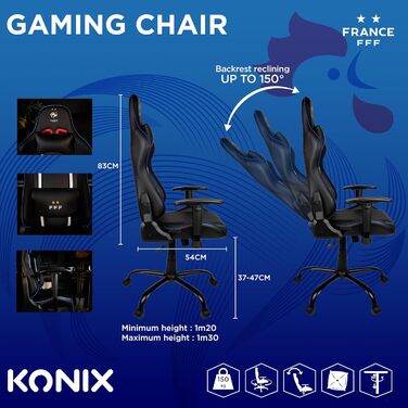 Ігрове крісло Konix FFF Premium, 150° нахил, екошкіра, регульована поперекова та шийна подушка, підголівник, чорне/біле