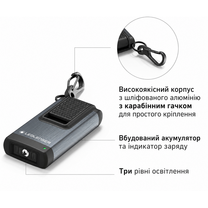 Ліхтар-брелок Ledlenser K4R, 120 люмен, 25 м, акумуляторний, USB зарядка, сірий