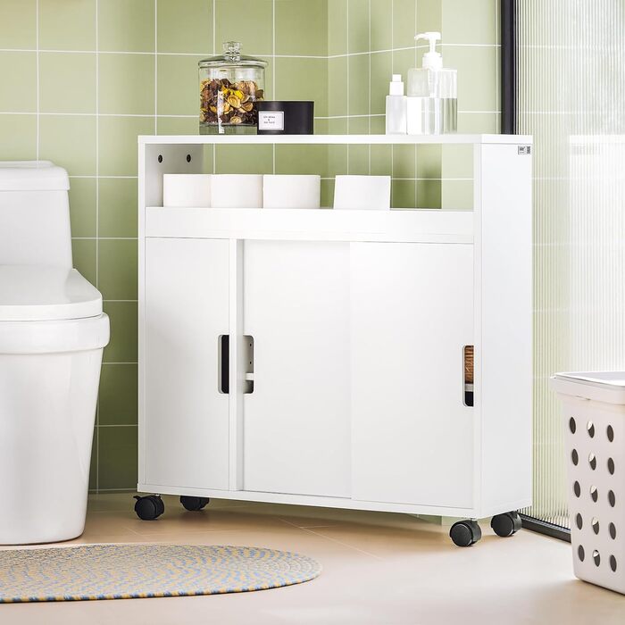 SoBuy BZR02-W шафа для ванної з ДСП, біла, на колесах, з відкритою полицею, вузький бічний стелаж 70x71x20 см
