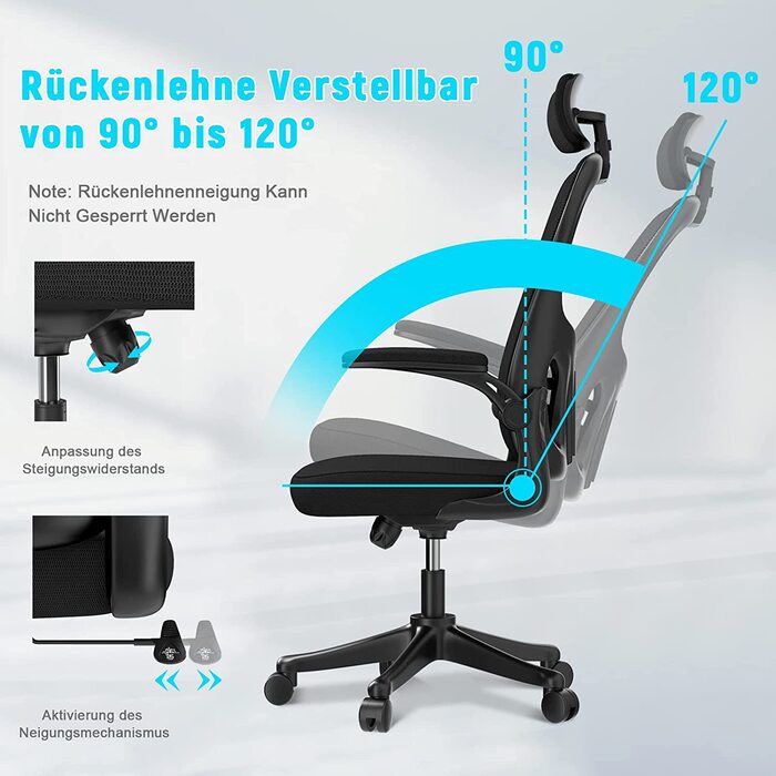Офісний стіл Ergonomischer Bürostuhl з дихаючою сіткою, регульовані підлокітники, підголівник, поперекова підтримка, регулювання висоти, поворотний стілець на 360°, темно-чорний