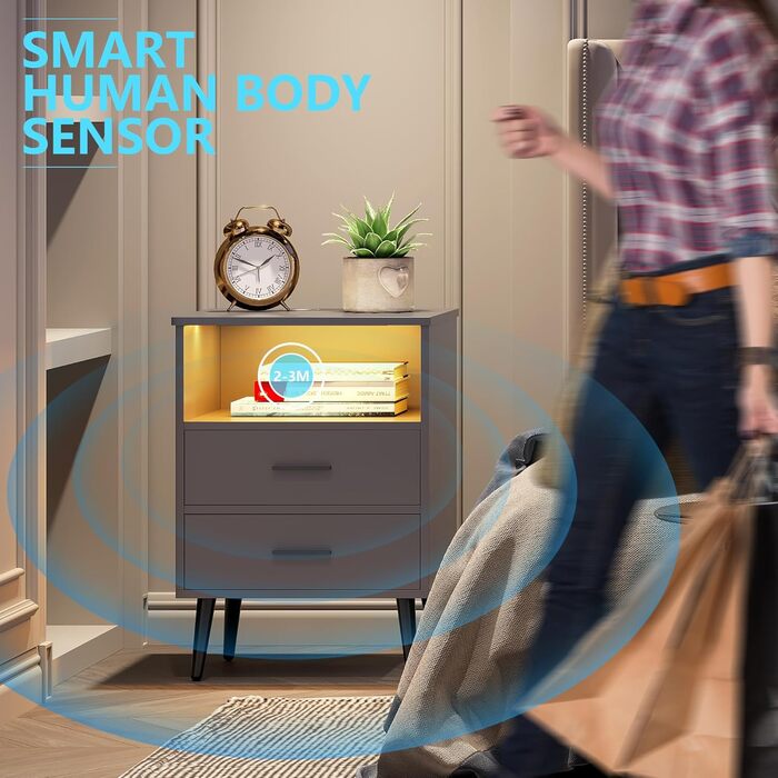 Сучасна тумба приліжкова LVSOMT з LED-підсвіткою, 2 шухляди, USB та Type-C зарядка, чорна, для спальні та вітальні