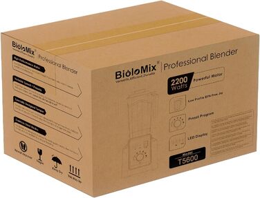Потужний блендер BioloMix 2200 Вт з функцією самоочищення, стаціонарний міксер із 2-літровою без BPA чашею, смузі-мейкер T5600