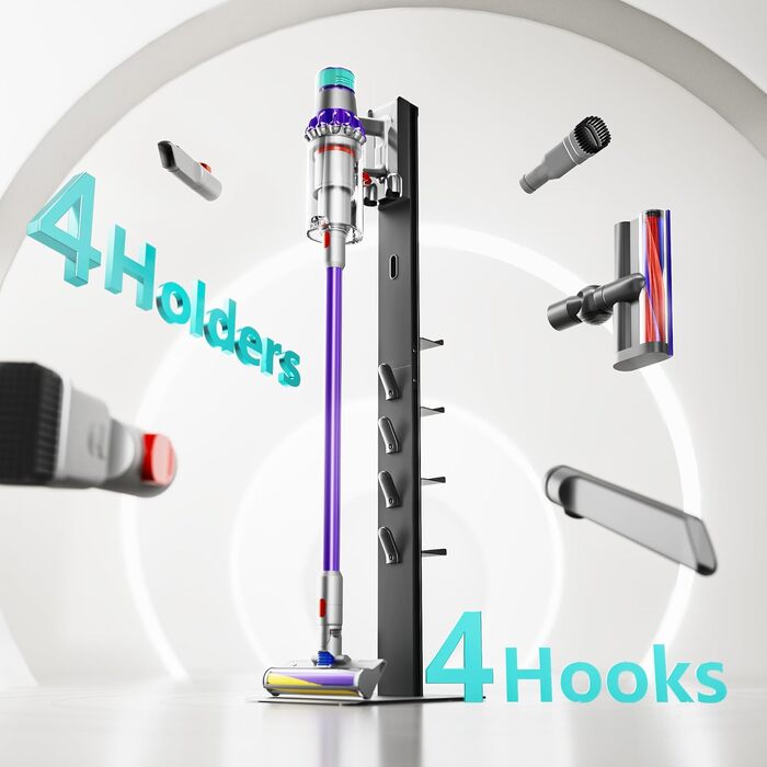 Підставка для акумуляторного пилососа Dyson з 4 гаками та 4 полицями (Gen5, V15, V12, V11, V10, V8, V7, V6) без свердління