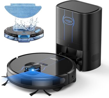 Робот-пилосос Laresar Clean L6 Nex з функцією вологого прибирання та станцією самоочищення, потужність всмоктування 10000Па, LiDAR навігація, акумулятор до 180 хв, 3-в-1 (підмітання, миття, пилосос), для шерсті тварин, чорний