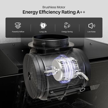 Витяжка для кухні FIREGAS 60 см, чорне скло, безщітковий мотор, 571 м³/год, сенсорне керування TouchControl, 9 режимів, режим рециркуляції та відведення, з газліфтом