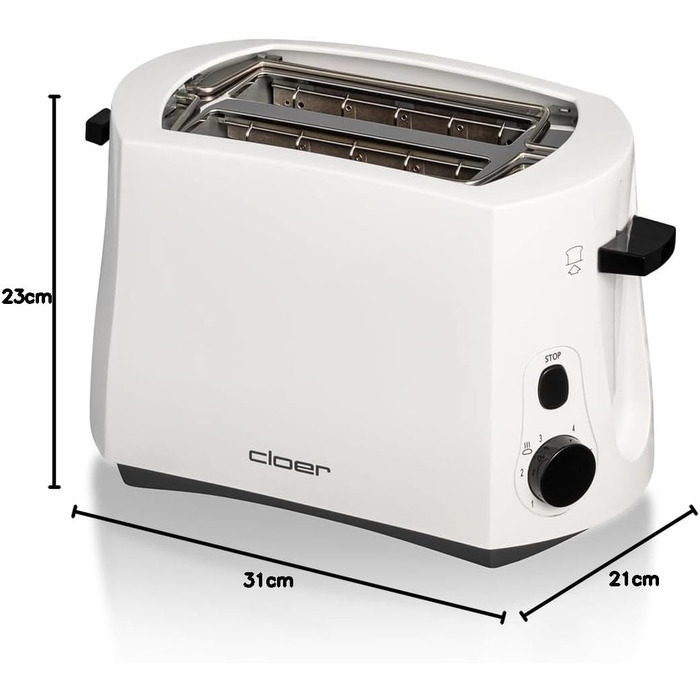 Тостер Cloer 331 Cool-Wall 825 Вт для 2 тостів з підставкою для булочок, білий