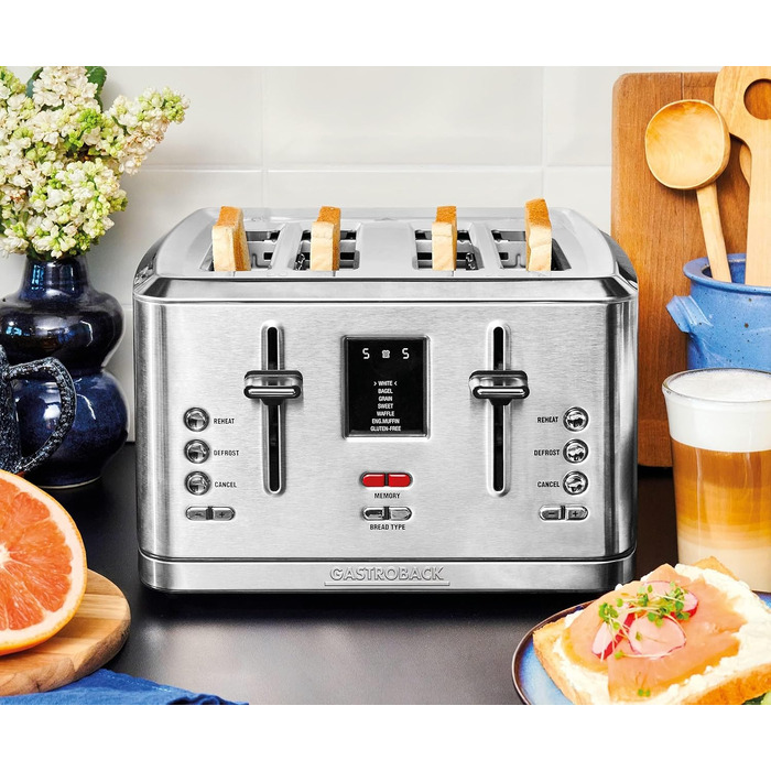 Тостер електричний GASTROBACK Design Toaster Digital 4S, 4 тости, нержавіюча сталь, сріблястий, 7 програм, LCD-дисплей, 950 Вт