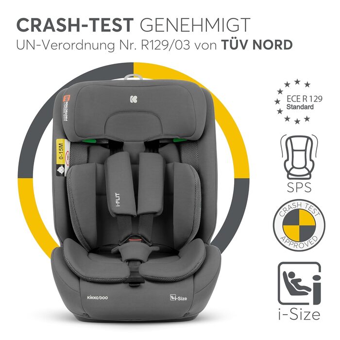Автокрісло KikkaBoo i-Size i-FLIT 9-36 кг, ISOFIX, група 1/2/3, 15 міс. - 12 років, збоку SPS, Top Tether, регульована підголовник (Світло-сірий)