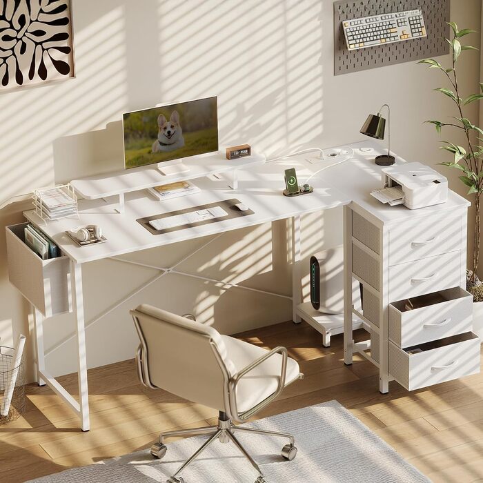 Кутовий стіл Claiks L-подібний (160x80 см) з 4 тканинними шухлядами, USB-портом, розеткою та полицею для монітора, білий