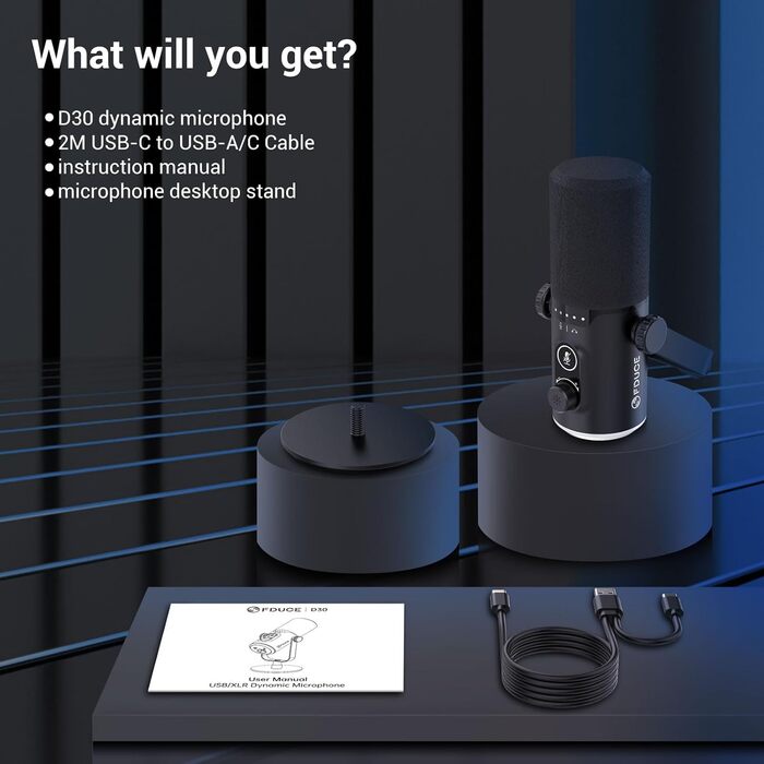 Ігровий мікрофон FDUCE з USB/XLR, RGB-підсвічуванням, для стрімінгу, запису подкастів та ігор, з регулятором гучності та навушниками, з кріпленням-павуком (D30)