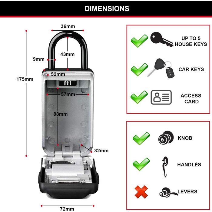 Сейф-контейнер для ключів Master Lock з настінним кріпленням, вуличний, з підсвічуванням кодових коліс, 12.6 x 7.2 x 5.2 см