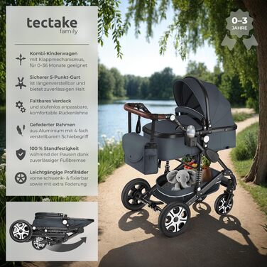 Дитяча коляска Tectake 2 в 1, розкладна, з люлькою, вагончиком, підстаканником, дощовиком, сірого кольору