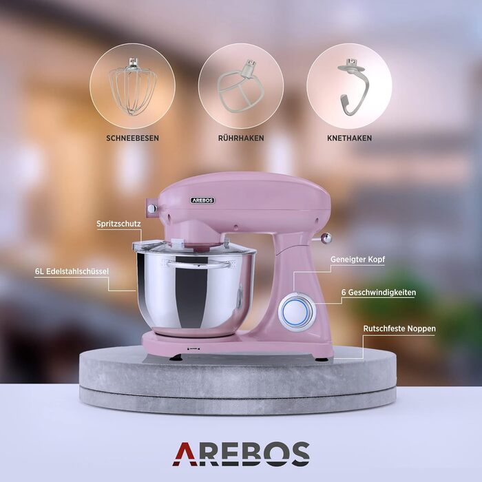 Arebos Ретро кухонна машина 1800W рожева | Міксер з чашею 6л з нержавіючої сталі | Тиха робота | З набором насадок (крюк для тіста, вінчик, насадка для збивання) | 6 швидкостей