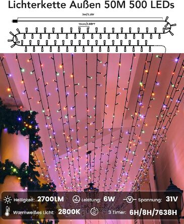 Світлодіодна гірлянда 50м 500 LED для вулиці та дому, водонепроникна з таймером та 11 режимами світла (теплий білий та кольоровий), для Різдва, весілля та вечірок