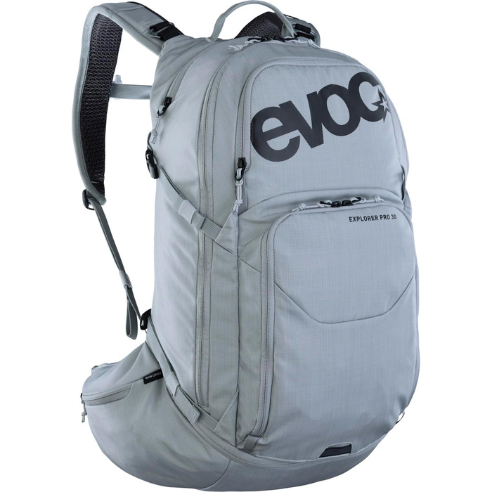 Рюкзак EVOC EXPLORER PRO 30 л срібний, система AIR FLOW CONTACT, AIRO FLEX пояс, відсік для питної системи та дощовик, комфортний міський та туристичний рюкзак преміум-класу