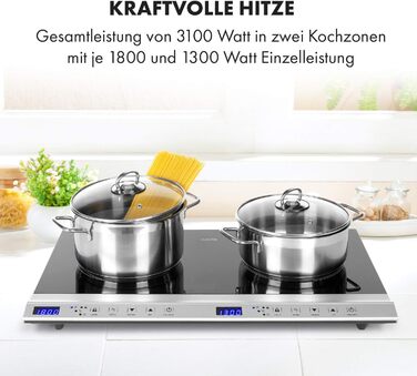 Портативна індукційна плита Klarstein Cucinata, подвійна, 3100 Вт, сенсорне управління, таймер, захист від перегріву, блокування від дітей, 10 рівнів потужності, сенсор для посуду, склокераміка, срібляста