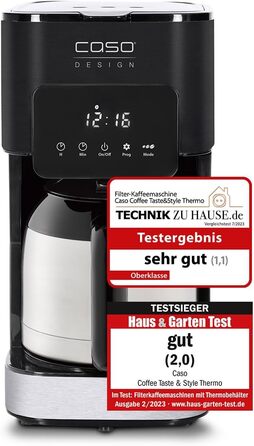 Кавоварка Caso Coffee Taste and Style, термос, 1,2 л, постійний фільтр, оптимальна температура заварювання 92-96°C, крапельний стоп, оптимізована голівка для заварювання, ізотермічний глечик, нержавіюча сталь, чорна, 10 чашок