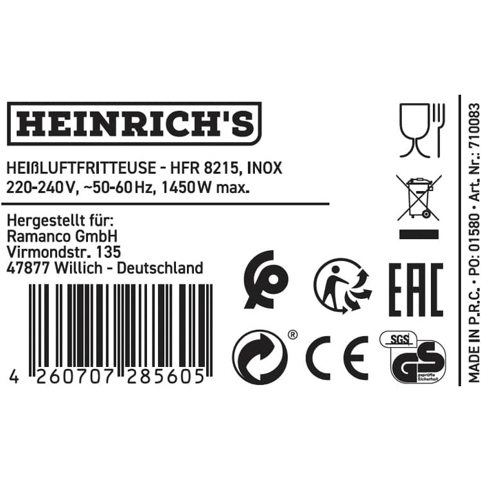 Аерофритюрниця HEINRICHS XXL 9L 10-в-1 з LED-дисплеєм та сенсорним керуванням, потужність 1800W, кошик, що миється в посудомийній машині