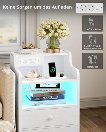 Нічний столик IRONCK з LED-підсвіткою, розеткою та функцією зарядки, з ящиками, білий.