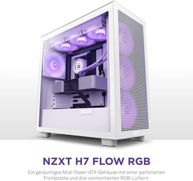 Корпус для ПК NZXT H7 Flow RGB білий, ATX Mid-Tower, з USB-C, сітчаста передня панель, загартоване скло, 3 вентилятори F-Series 140мм RGB, підтримка водяного охолодження