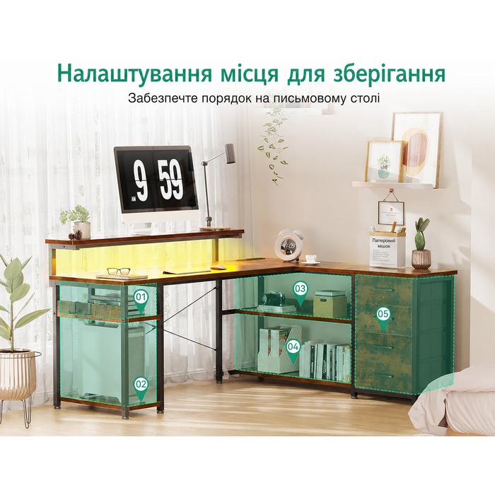 Письмовий стіл ODK з ящиками, кутовий L-подібний стіл з розетками, USB, LED підсвіткою для домашнього офісу, 135×110 см, вінтажний коричневий