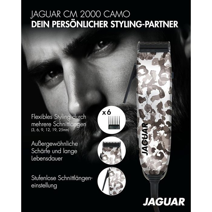 Професійна машинка для стрижки волосся JAGUAR CM 2000 Camo, мережевий тример, з насадками, швидка заміна ножів