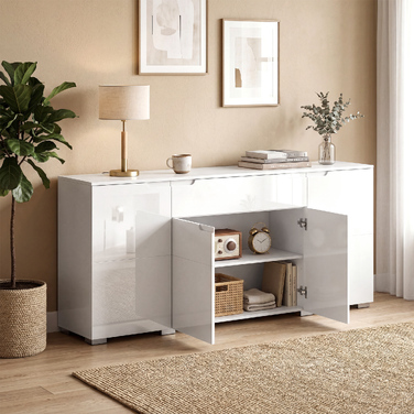 Глянцевий білий комод-sideboard: сучасна тумба з 4 дверцятами, регульованими полицями та системою плавного закривання (Soft-Close)